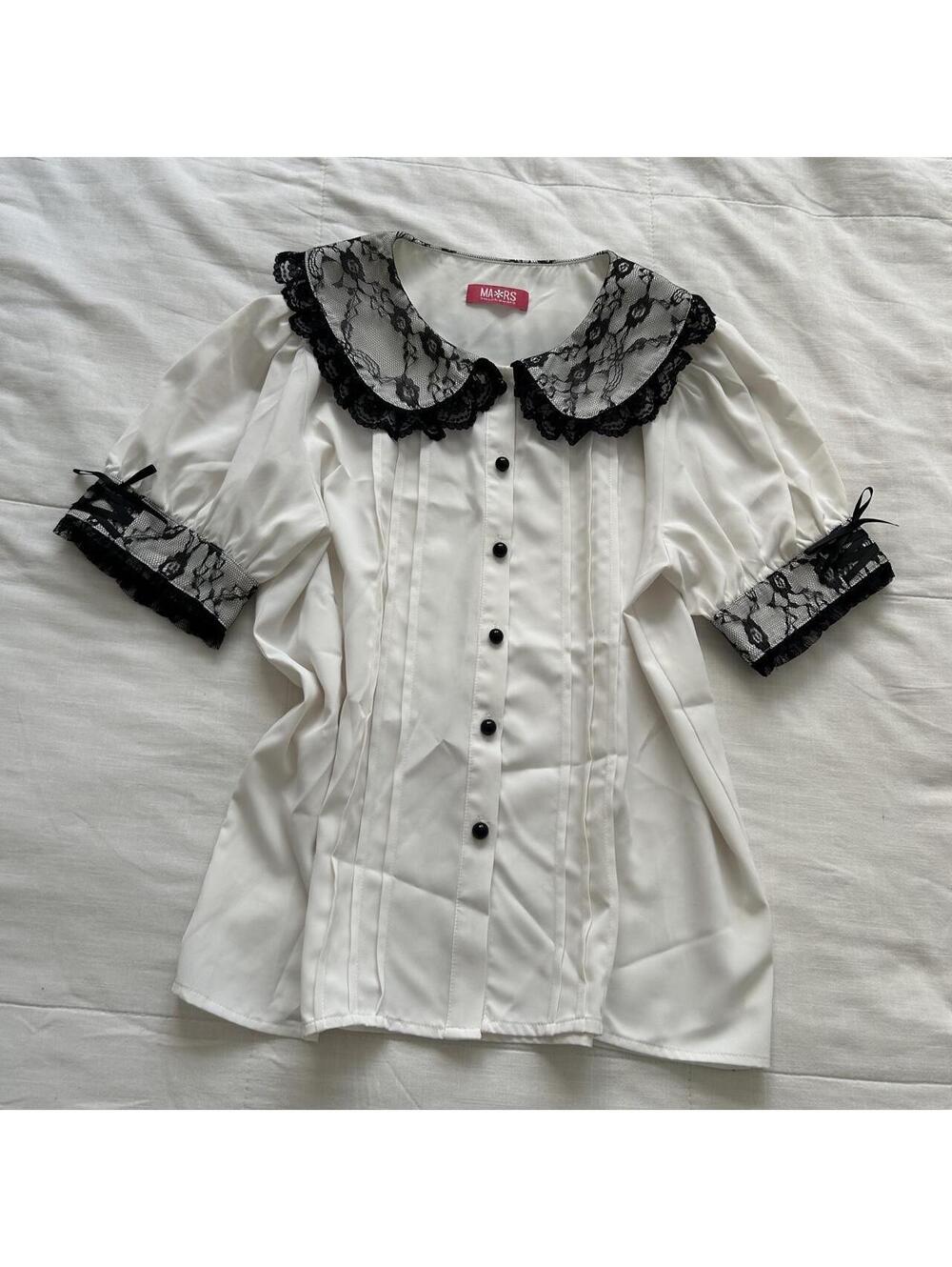 MA*RS Ivory Blouse Black Lace Peter Pan Collar Puff Sleeve Bows Jirai Kei